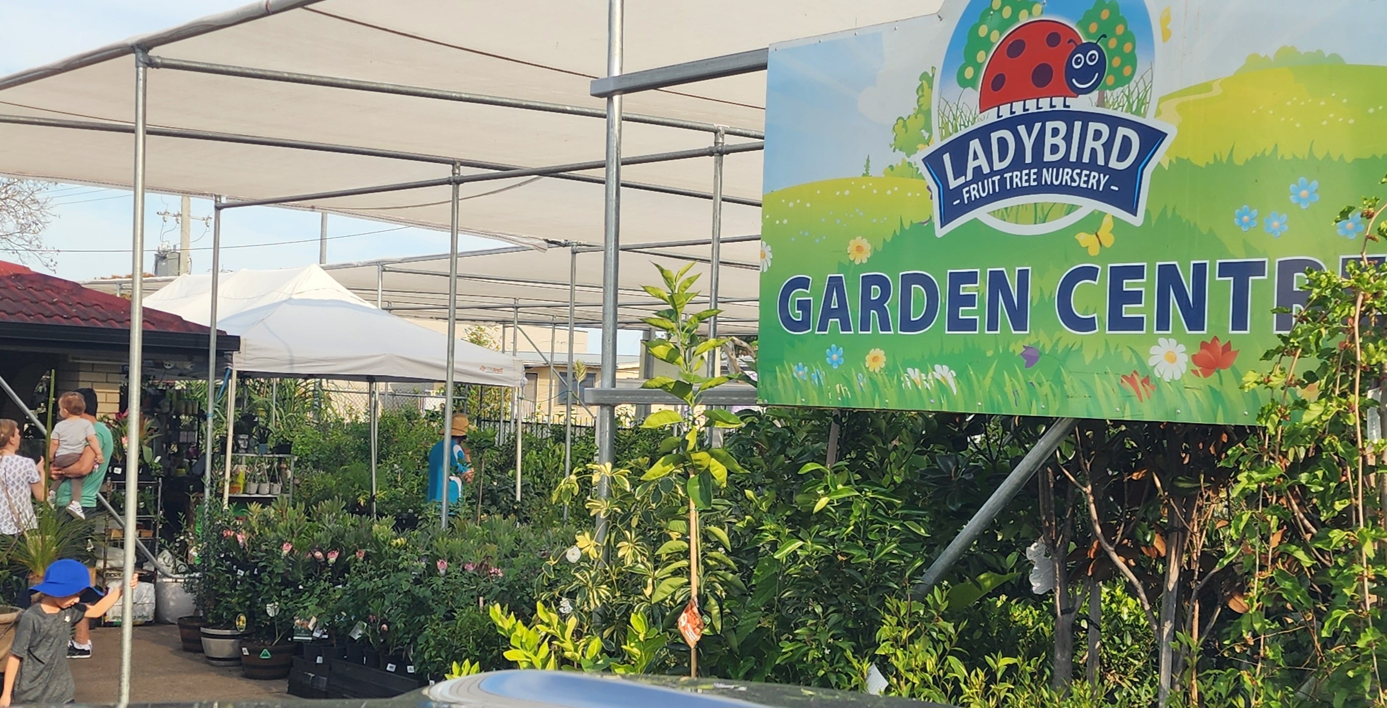 Outdoor garden centre area with shade structures and various potted plants under natural sunlight